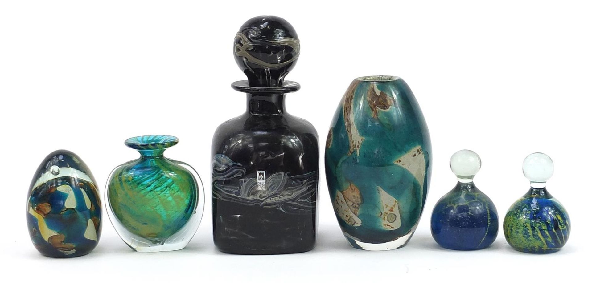 Mdina glassware comprising decanter with stopper, two vases and three paperweights, the largest 22. - Image 2 of 5