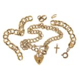 9ct gold jewellery including a multi link bracelet with love heart padlock and cross charm, total