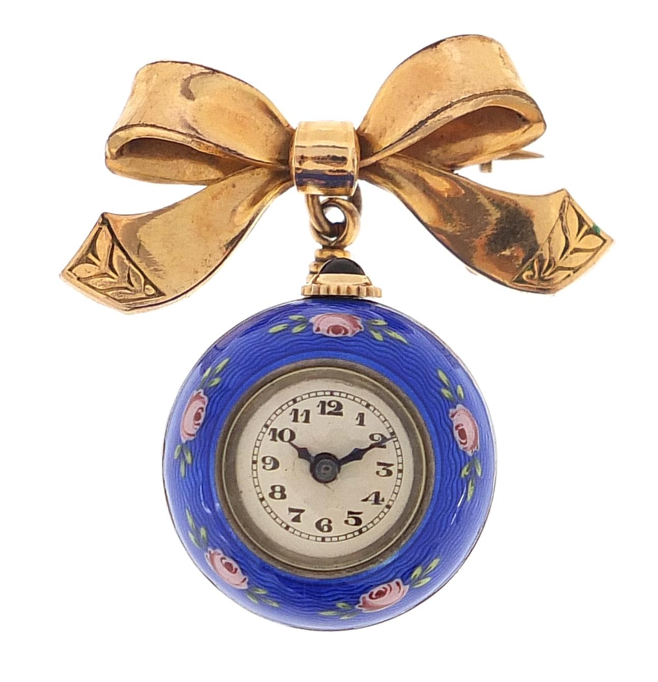 Blue guilloche enamelled ladies fob watch on a yellow metal bow design brooch clasp, 3.5cm wide,