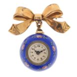 Blue guilloche enamelled ladies fob watch on a yellow metal bow design brooch clasp, 3.5cm wide,