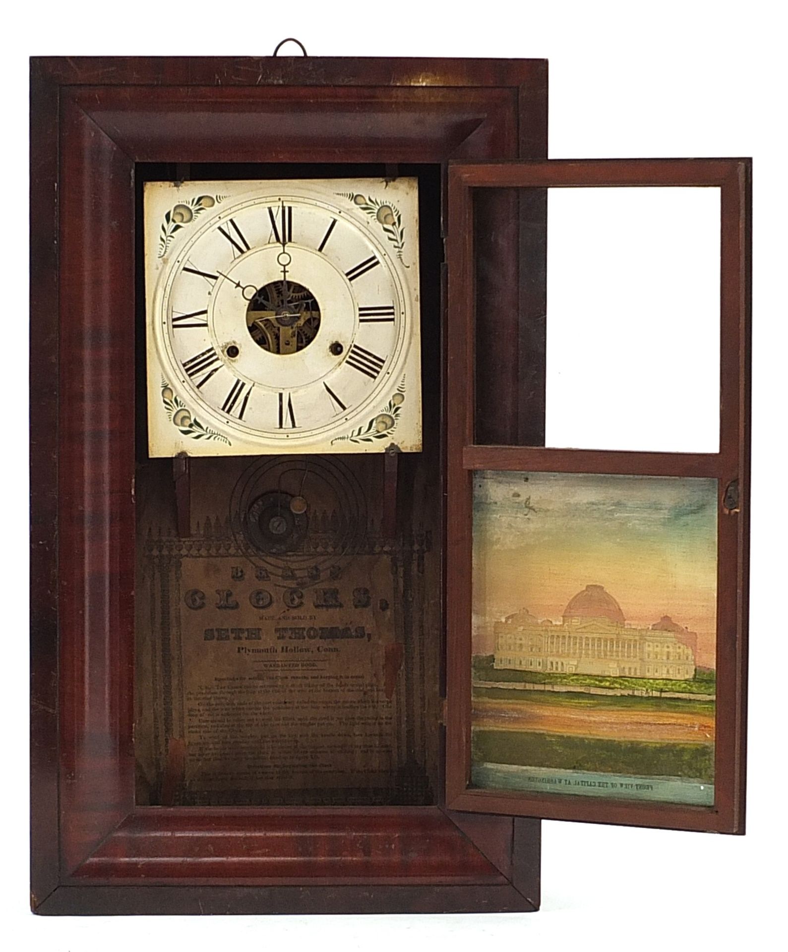 American striking wall clock, depicting "The Front View Of The Capital At Washington" 66cm H x 39. - Image 2 of 5