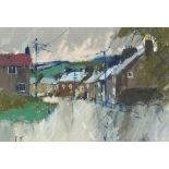 John Tookey - Village landscape, monogramed pastel, mounted, framed and glazed, 23.5cm x 16cm