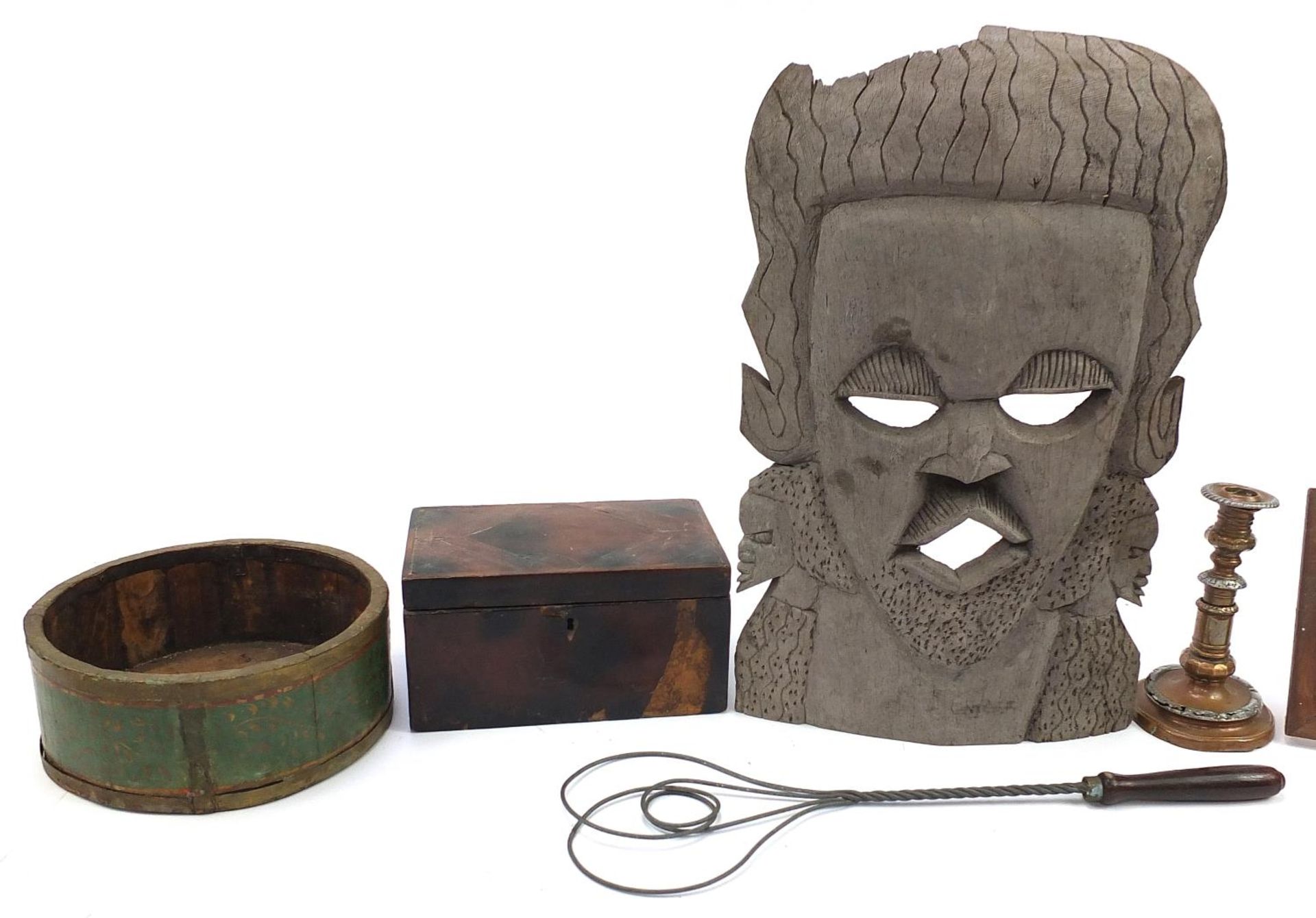 Sundry items including large African carved wood wall mask, Victorian workbox and painted glass - Image 2 of 3