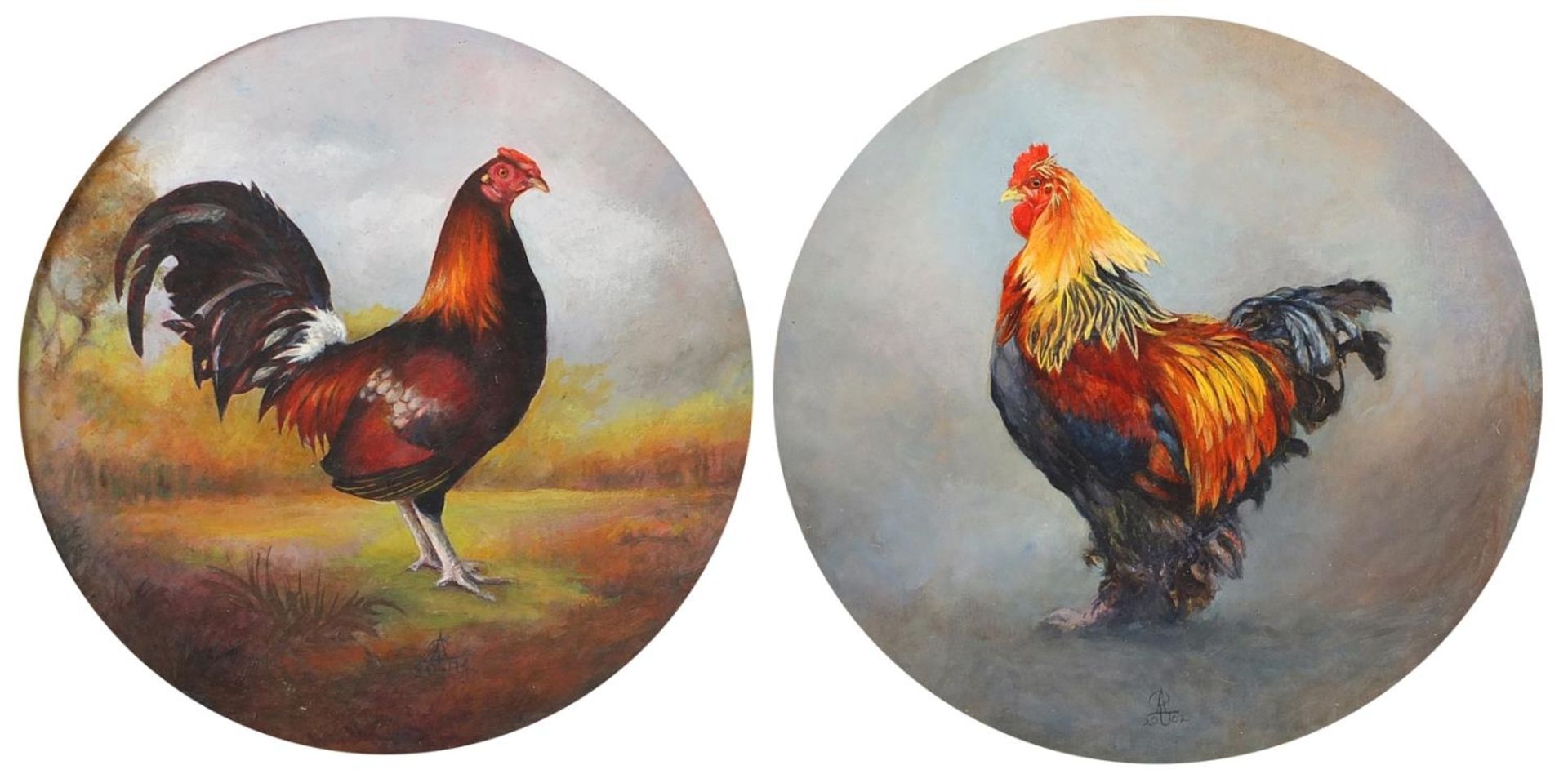 R Anne Upson - Cockerels, pair of monogrammed and dated Victorian style circular oils, one with