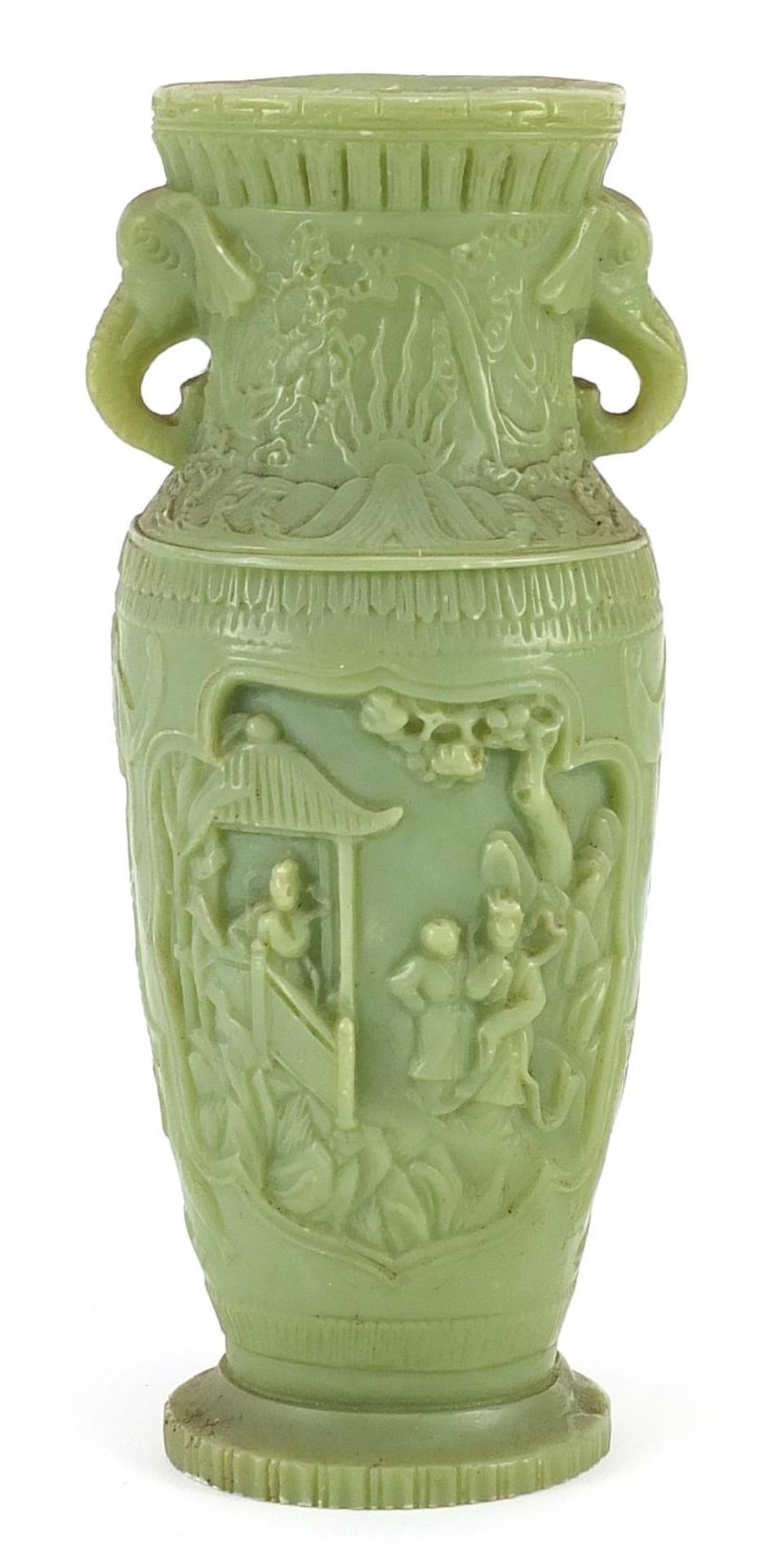 Modern Chinese jade style vase with elephant head handles, 24cm high