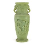 Modern Chinese jade style vase with elephant head handles, 24cm high