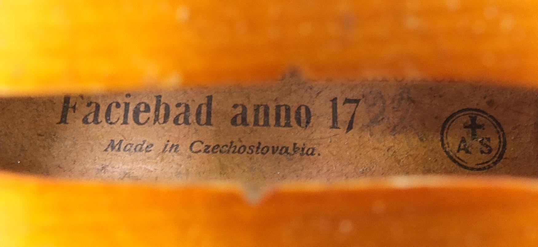 Old wooden violin bearing a Stradivarius label and violin bow impressed Lupot with case, the - Image 5 of 7