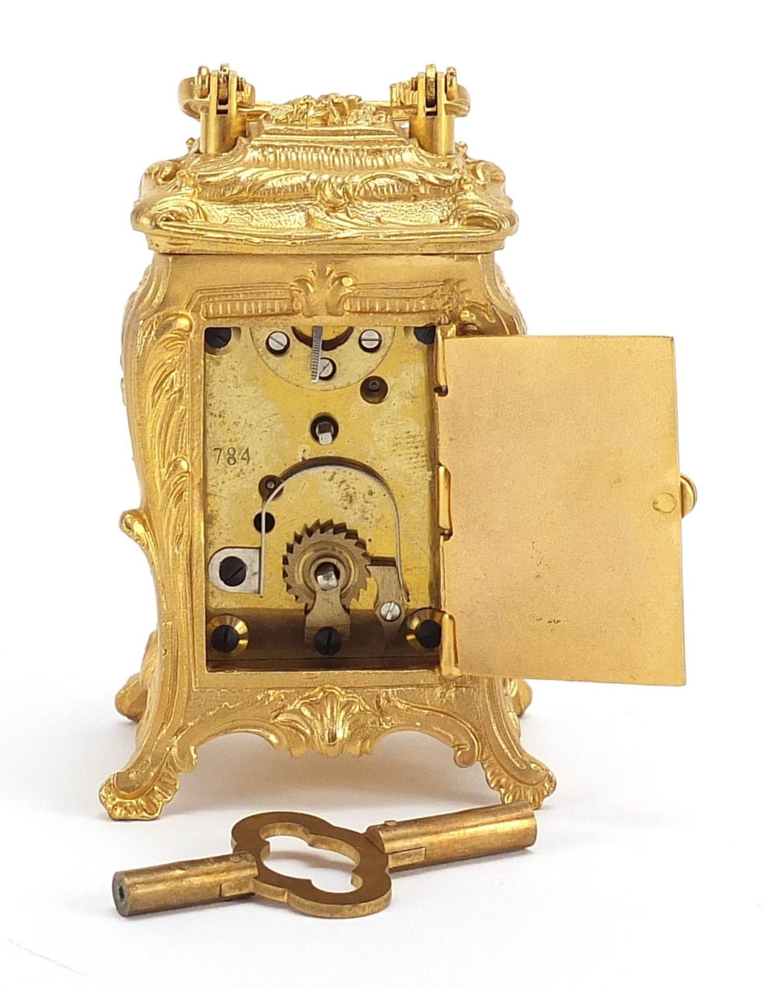 Miniature gilt brass Rococo style carriage clock, 8cm high - Image 3 of 4