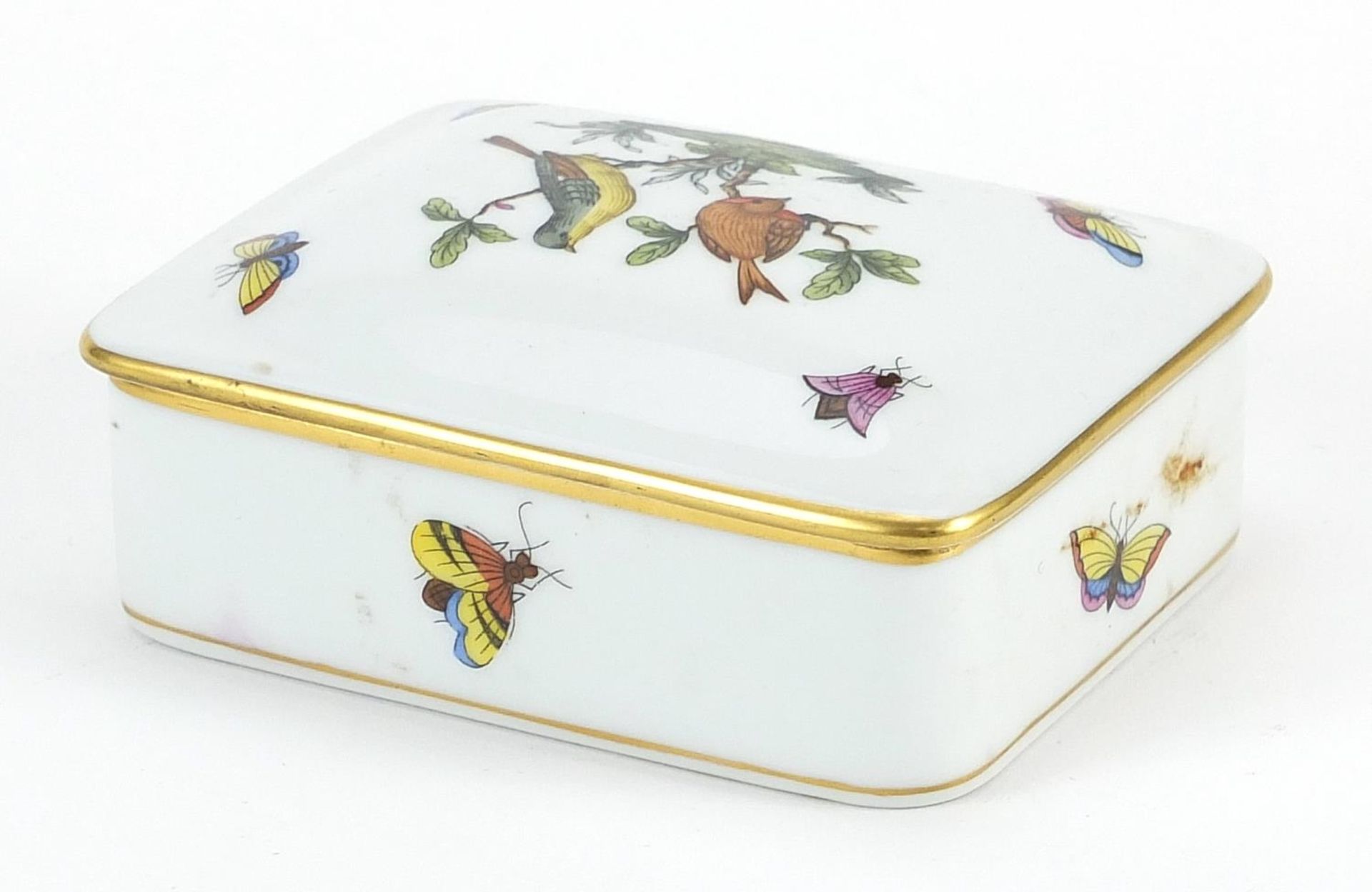 Herend of Hungary, porcelain box and cover hand painted in the Rothschild bird pattern, 10cm wide - Image 3 of 4