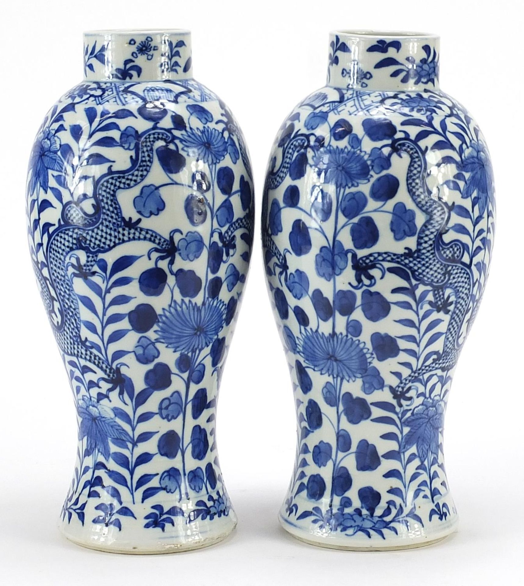 Pair of Chinese blue and white porcelain baluster vases hand painted with dragons amongst flowers, - Image 2 of 3