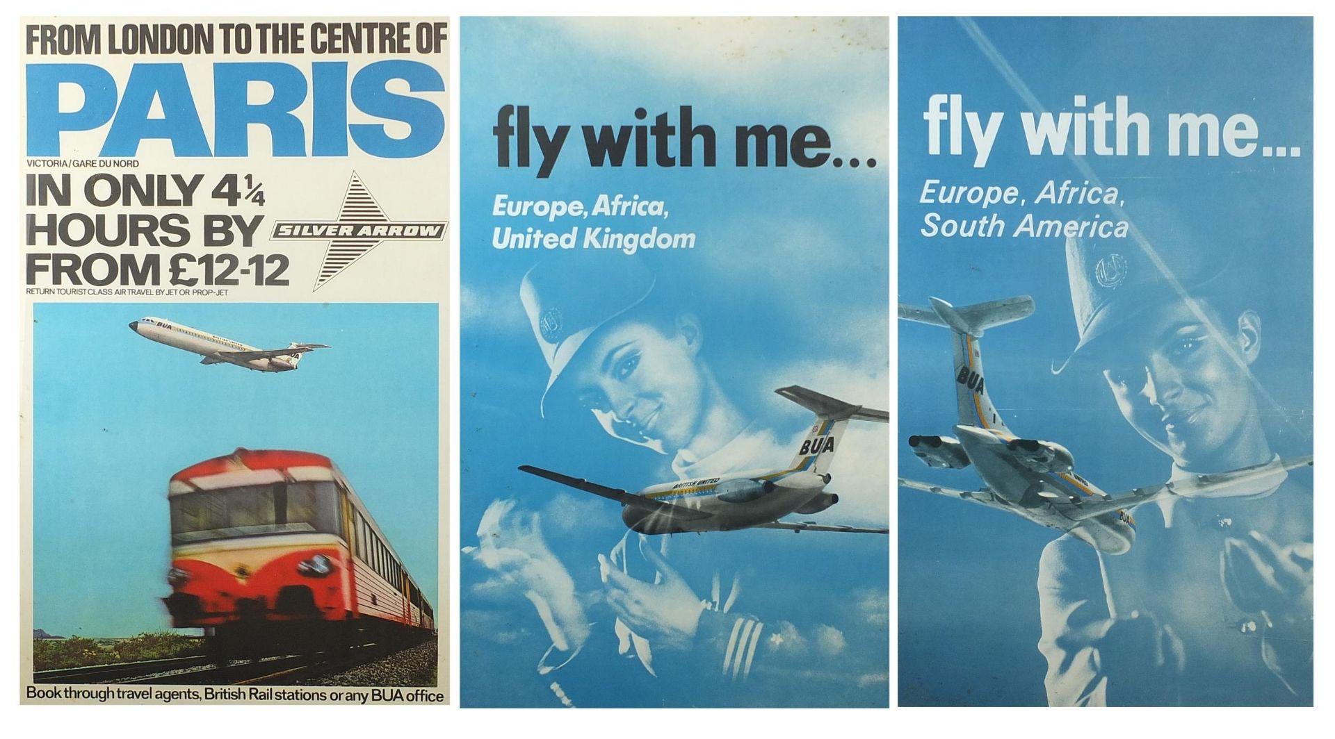 Three aviation interest British United Airways advertising posters, each framed and glazed, each