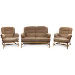 Ercol Jubilee three piece suite with lift off cushions comprising two seater settee and two