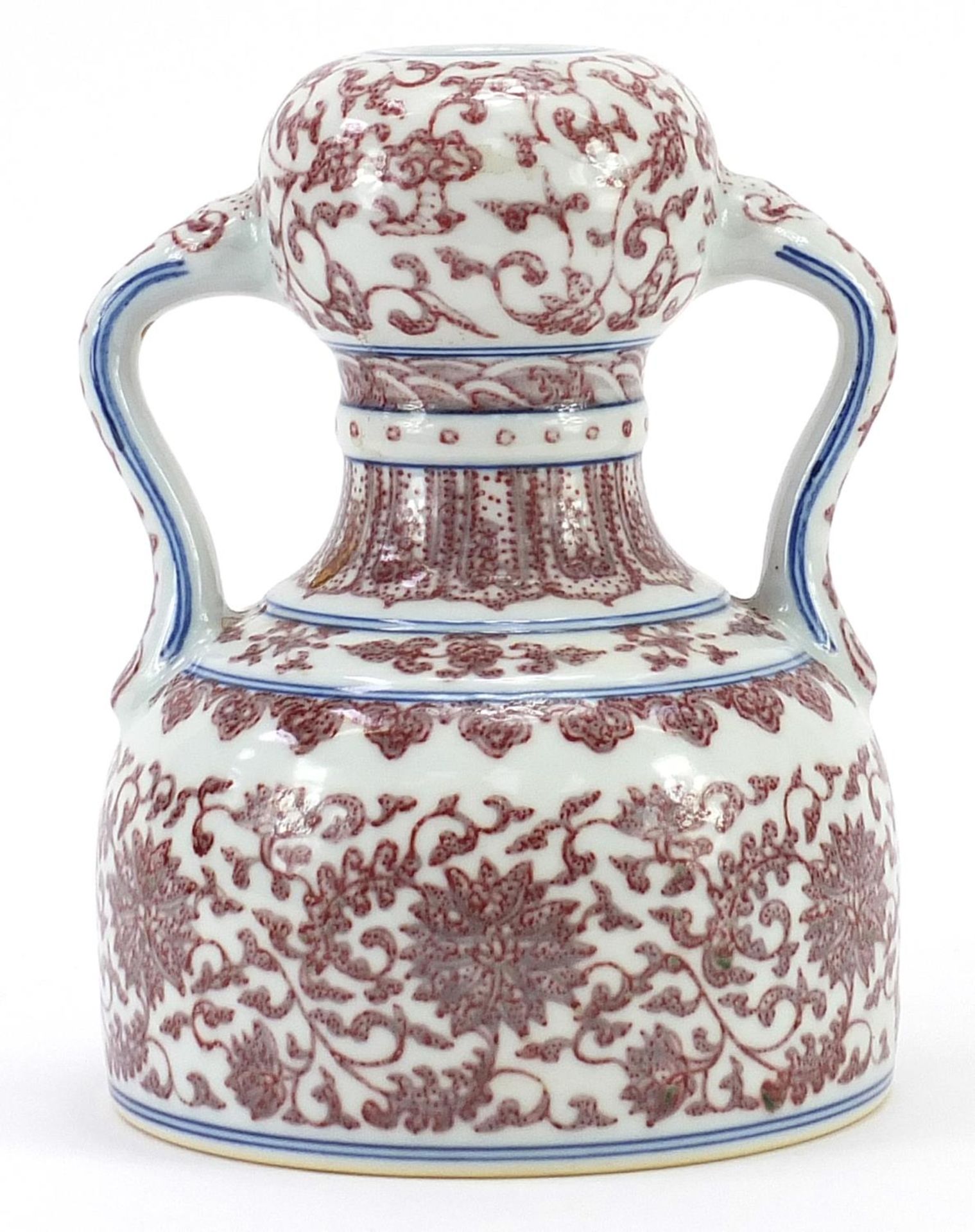 Chinese porcelain twin handled vase hand painted in iron red with flowers amongst scrolling foliage, - Image 2 of 3