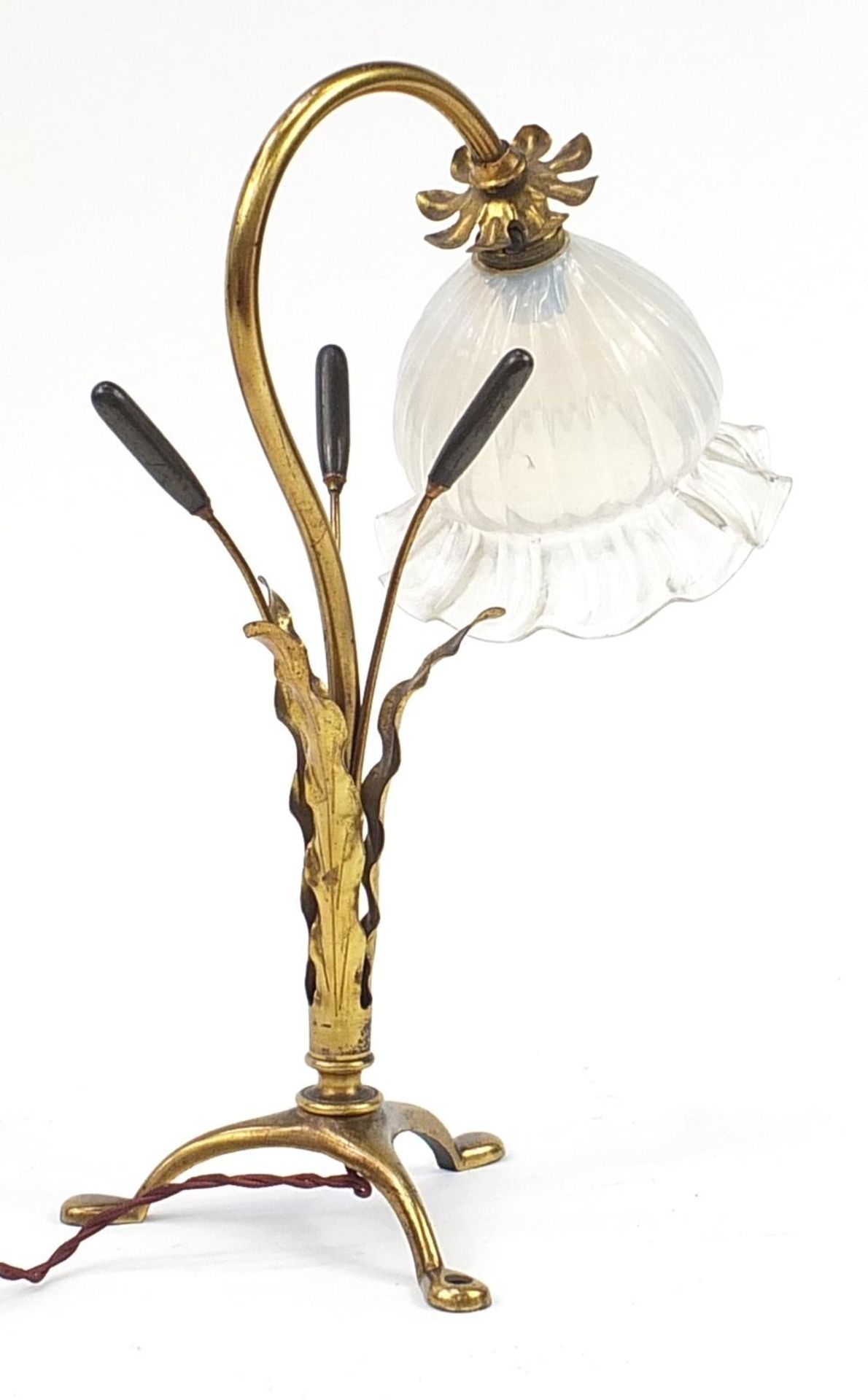 Manner of WAS Benson, Arts & Crafts gilt brass naturalistic pullman lamp with Vaseline frilled glass - Image 2 of 4