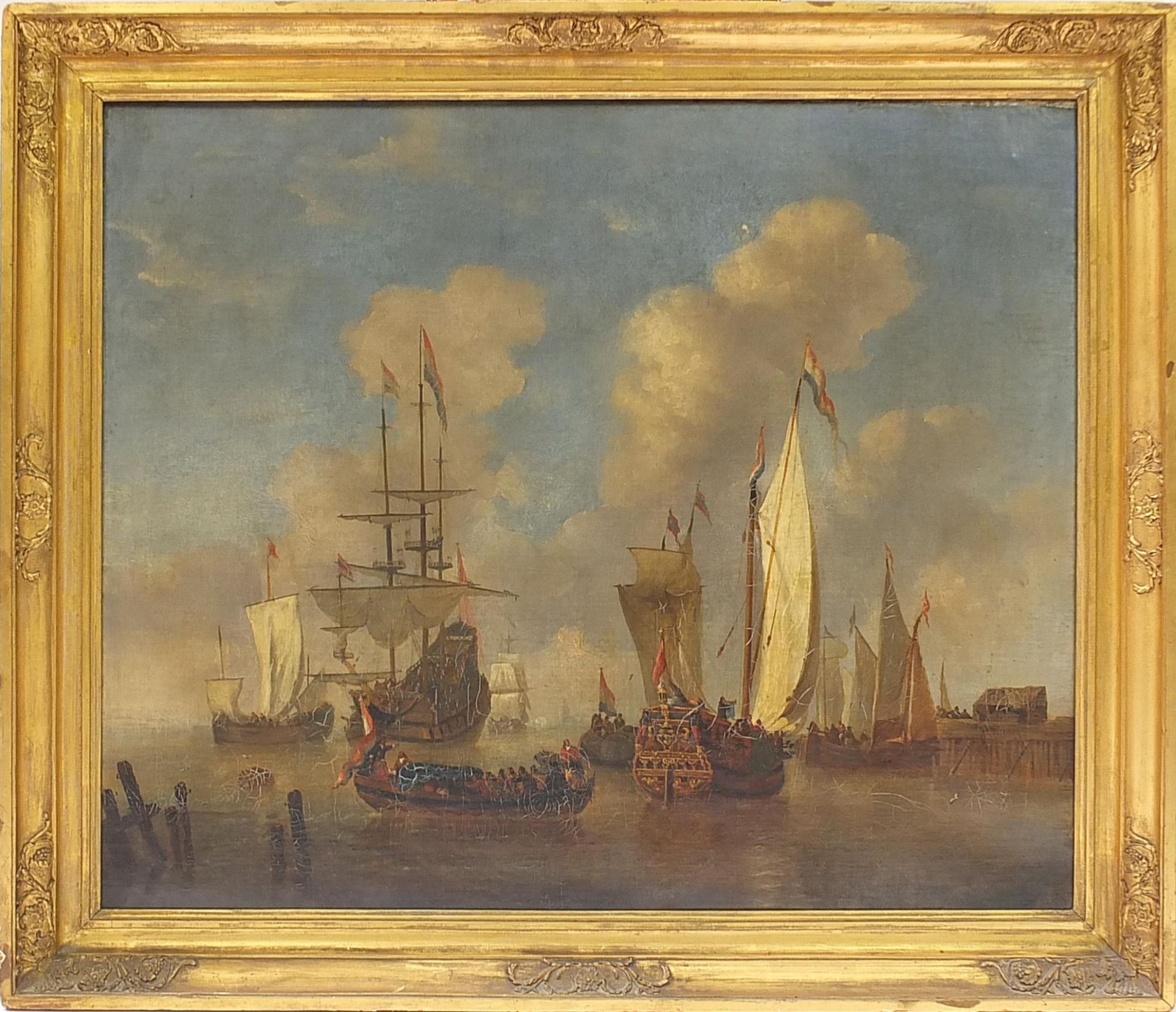 Manner of Abraham Jansz Storck - Dutch Men o'War, 18th century maritime oil on canvas, mounted and - Image 2 of 3