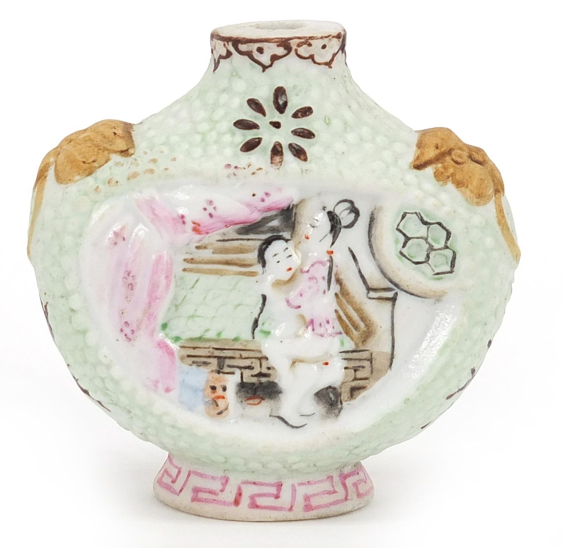 Chinese porcelain snuff bottle decorated in relief with erotic scenes, 6cm high - Image 2 of 3