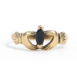 9ct gold Claddagh ring set with a sapphire, size O, 1.4g