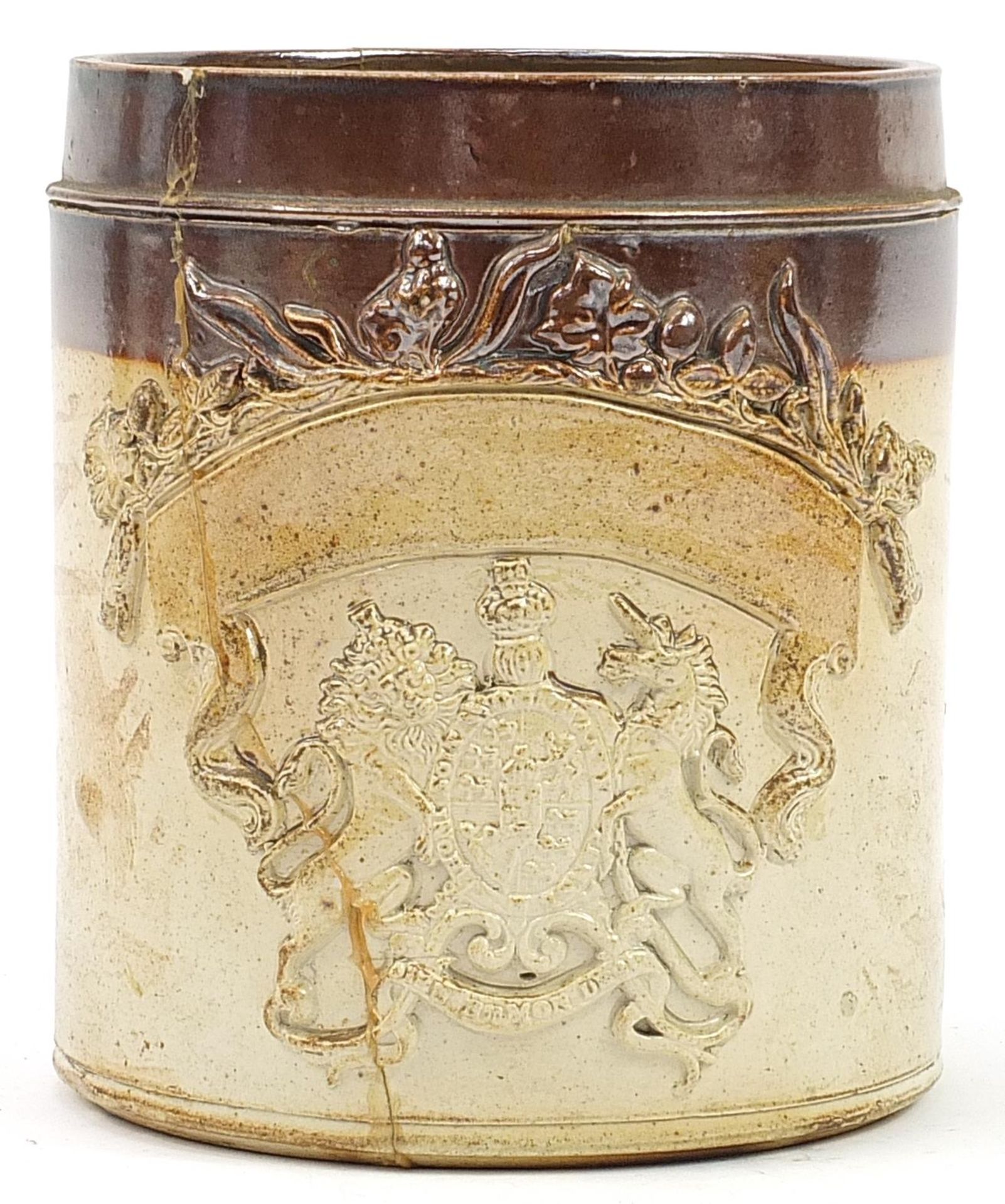 19th century military interest salt glazed marmalade pot with coat of arms, reputedly from the