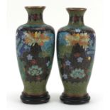 Pair of Japanese cloisonne vases on hardwood stands, each enamelled with flowers within fan