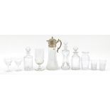 Antique and later cut glass and crystal including an hour glass decanter, pair of Elizabethan