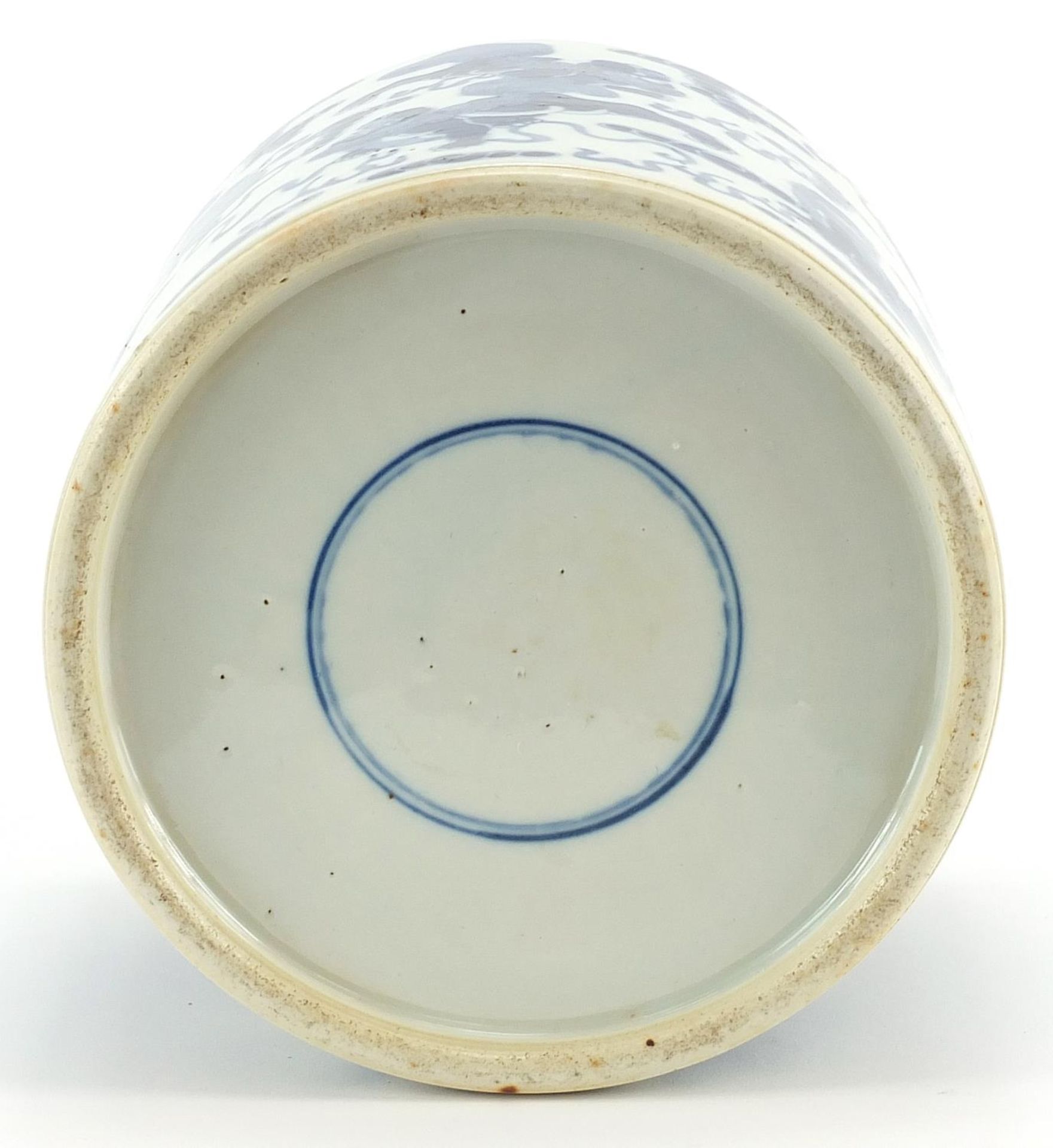 Chinese blue and white porcelain brush pot hand painted with qilins, blue ring marks to the base, - Image 3 of 3