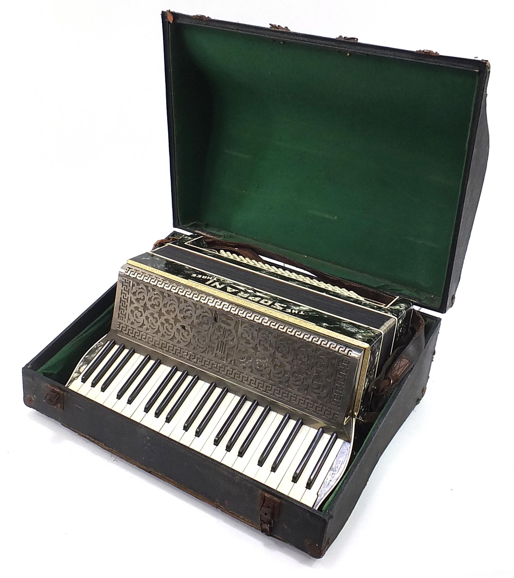 The Soprani Three Italian mother of pearl design accordion housed in protective case, 51.5cm wide - Image 3 of 5