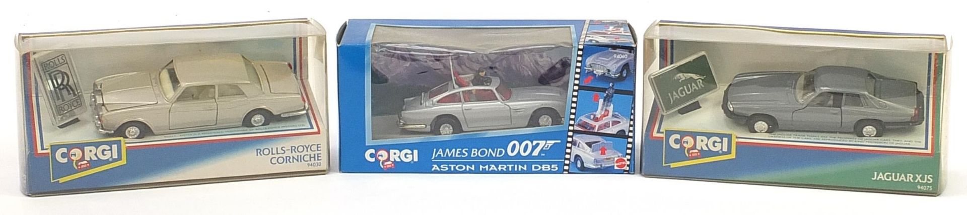 Three Corgi diecast vehicles with boxes comprising James Bond Aston Martin DB5, Rolls Royce Corniche