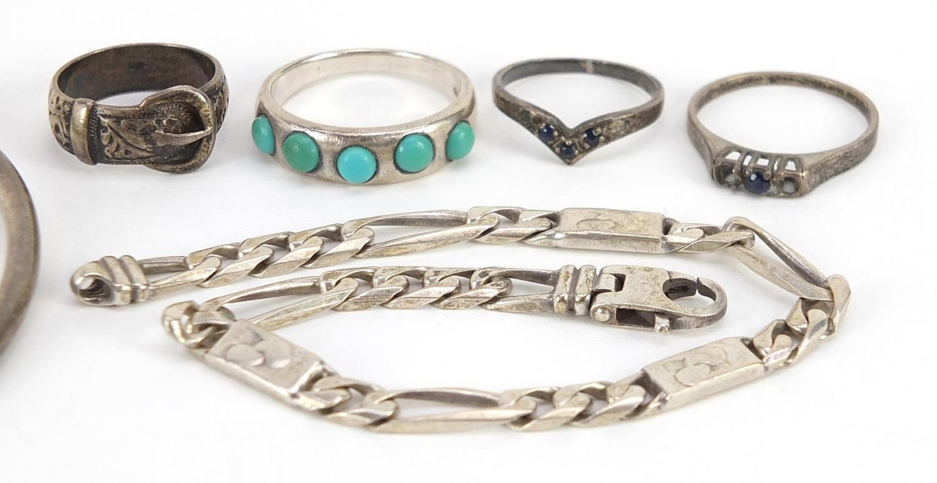 Silver jewellery including Figaro link bracelet, rings and bangle, 31.5g - Image 3 of 4
