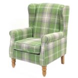 Dunelm Mill wingback armchair with green checked upholstery, 98cm high