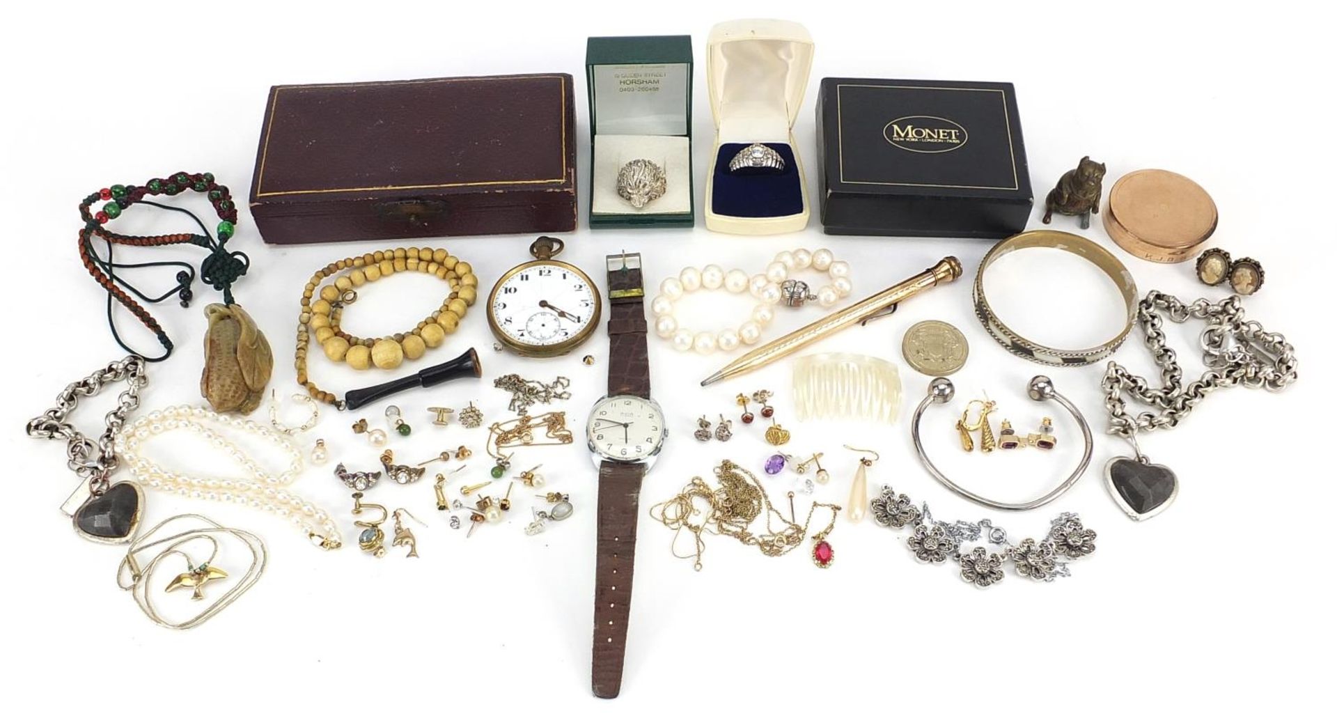 Vintage and later jewellery and watches including cultured pearls, earrings, silver rings and