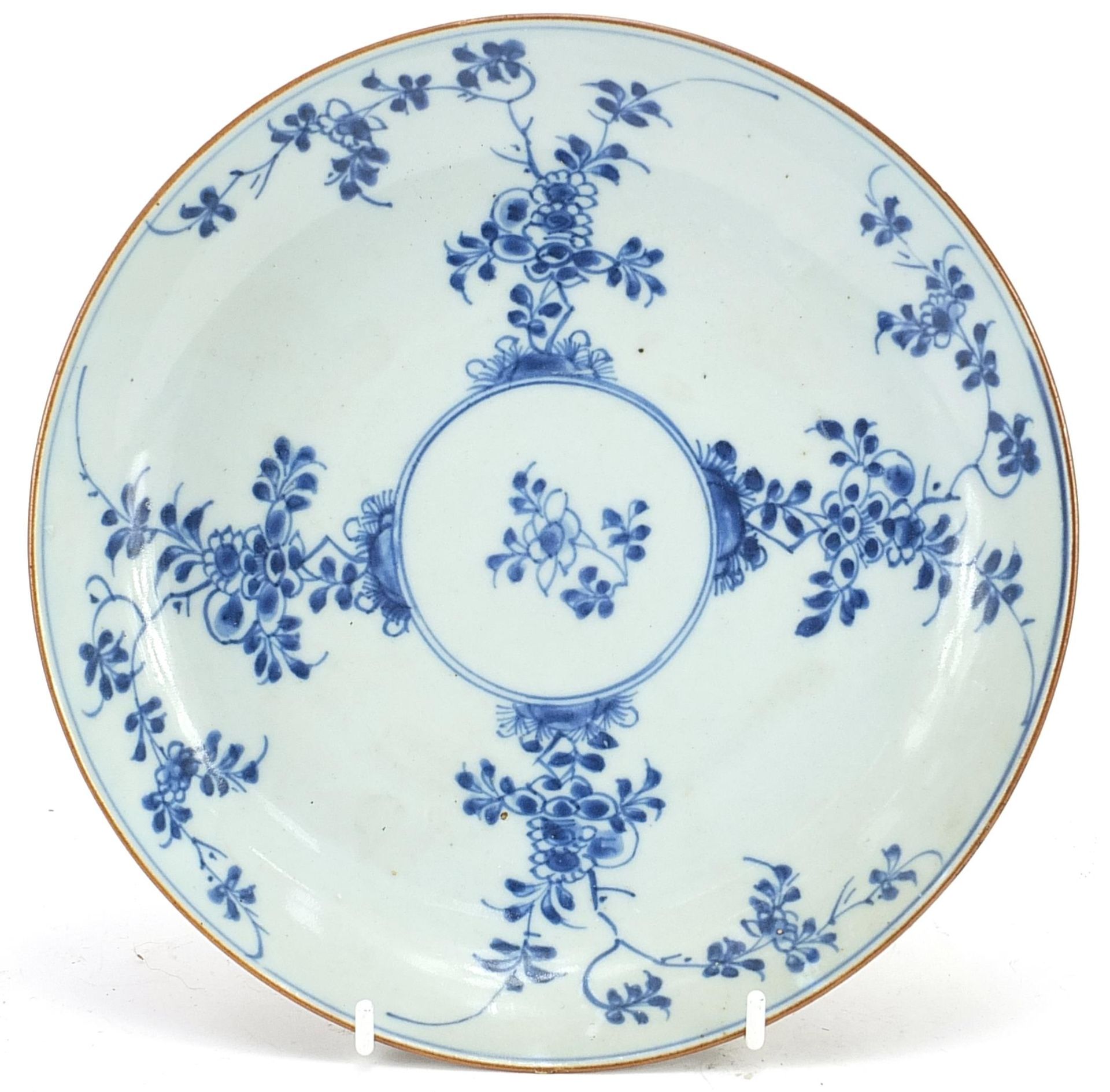 Chinese blue and white porcelain shallow dish hand painted with flowers, 22cm in diameter