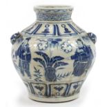 Chinese blue and white stoneware vase hand painted with figures, character marks to the base, 26.5cm