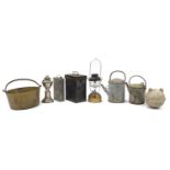 Metalware including The Kranzow lamp, heavy brass preserve pan and watering cans, the largest 39cm