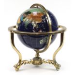 Large gilt brass semi precious stone rotating table globe with compass to the base, 49cm high