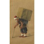 Beggar carrying a box, Continental heightened watercolour, indistinctly monogrammed, mounted, framed