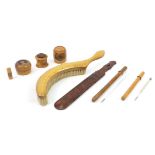 Treen objects including a hat brush, Chinese page turner, Sorento box with glass liner and Mauchline