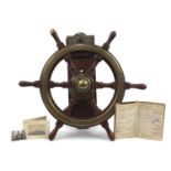 Naval interest hardwood ship's wheel with brass mounts, reputedly from HMT Empire Windrush