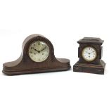 Oak cased Napoleon hat shaped striking mantle clock and one other with enamelled dial, the largest