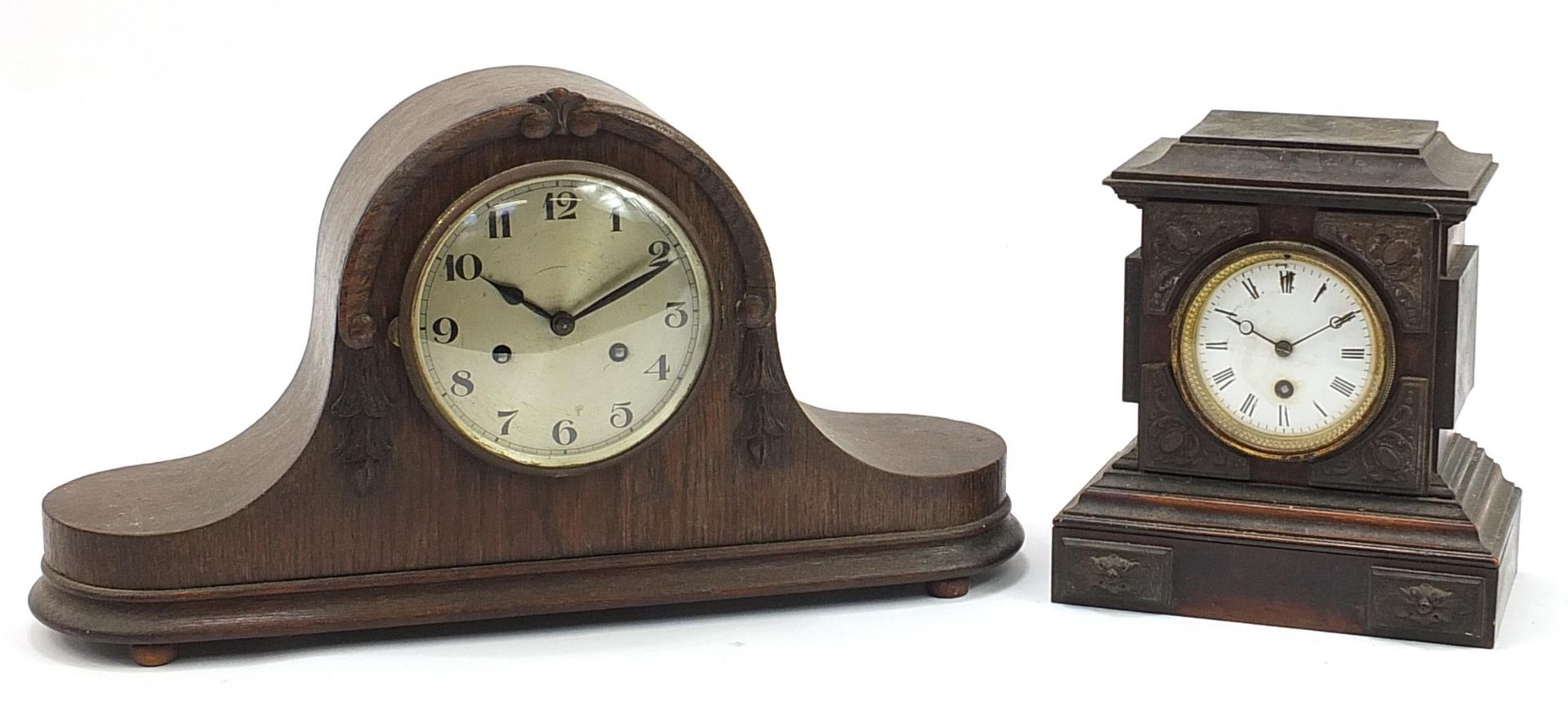 Oak cased Napoleon hat shaped striking mantle clock and one other with enamelled dial, the largest