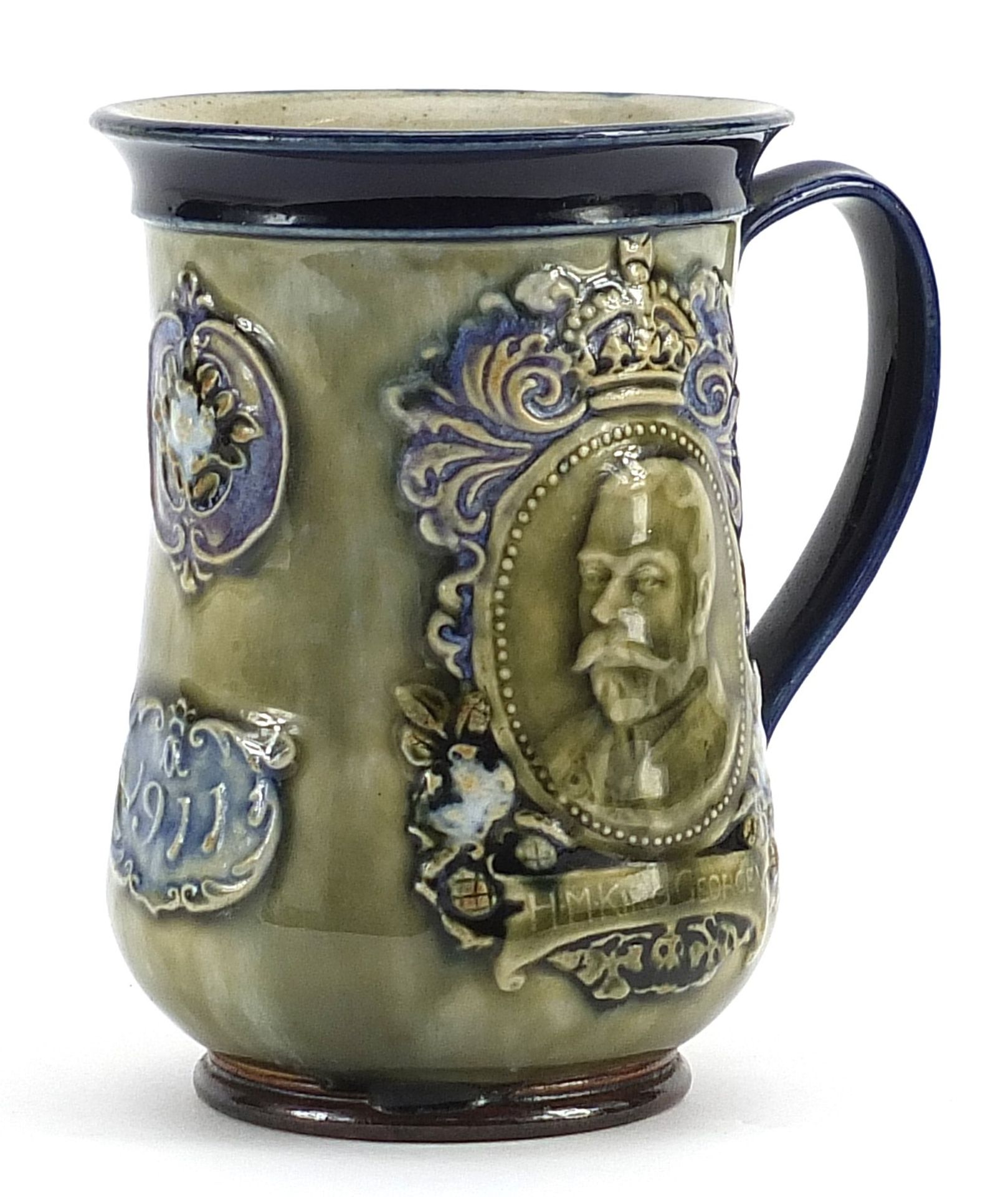 Royal Doulton stoneware mug commemorating the coronation of HM Queen Mary and HM King George V 1911,