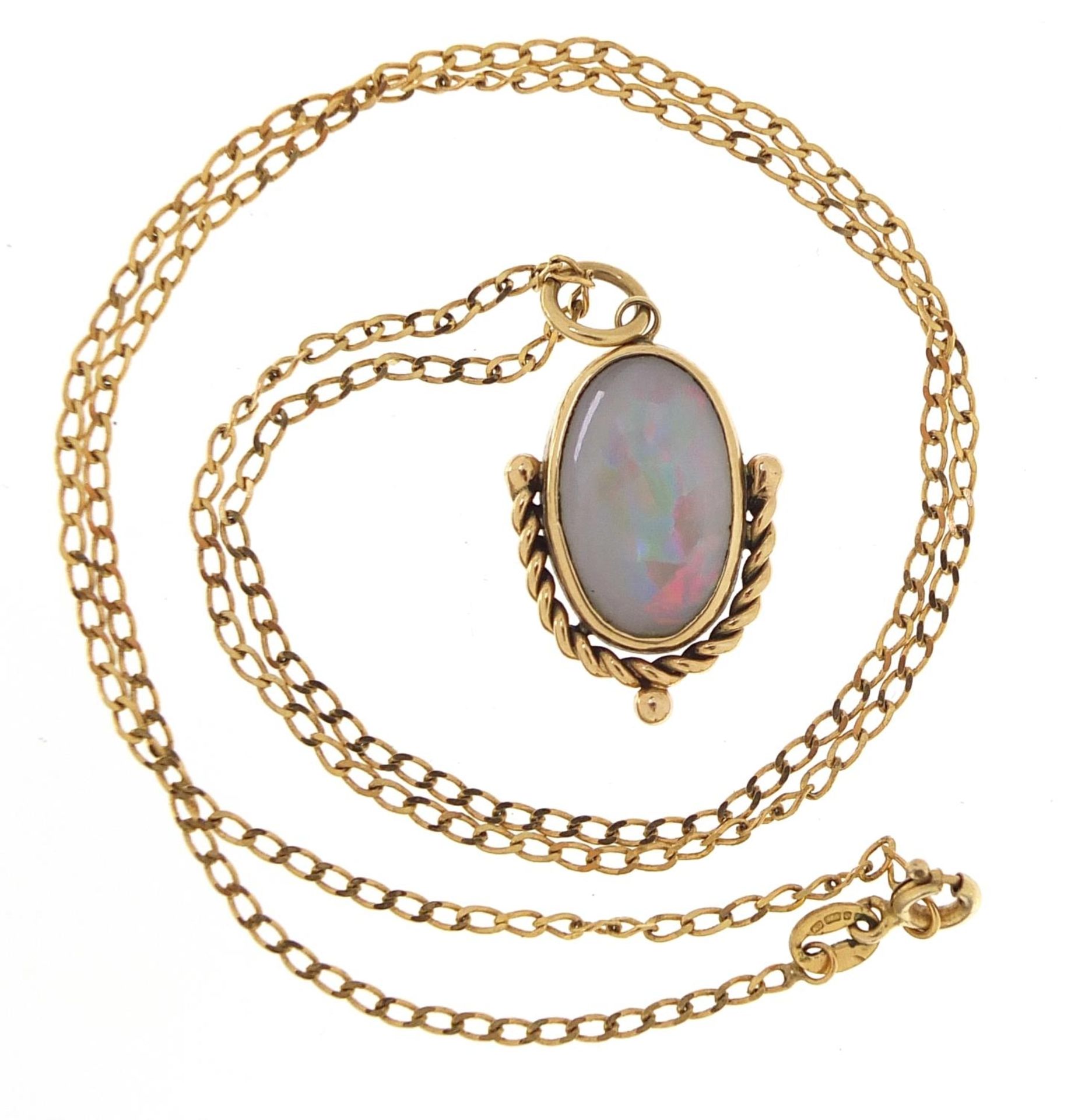 9ct gold opal pendant on a 9ct gold necklace, 2.7cm high and 46cm in length, 4.7g - Image 2 of 5