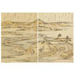 Mountainous river landscapes with figures, pair of Japanese woodblock prints, mounted, unframed,