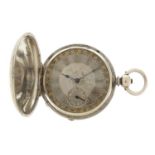 Gentlemen's silver full hunter pocket watch with ornate silvered and gilt dial, 50mm in diameter