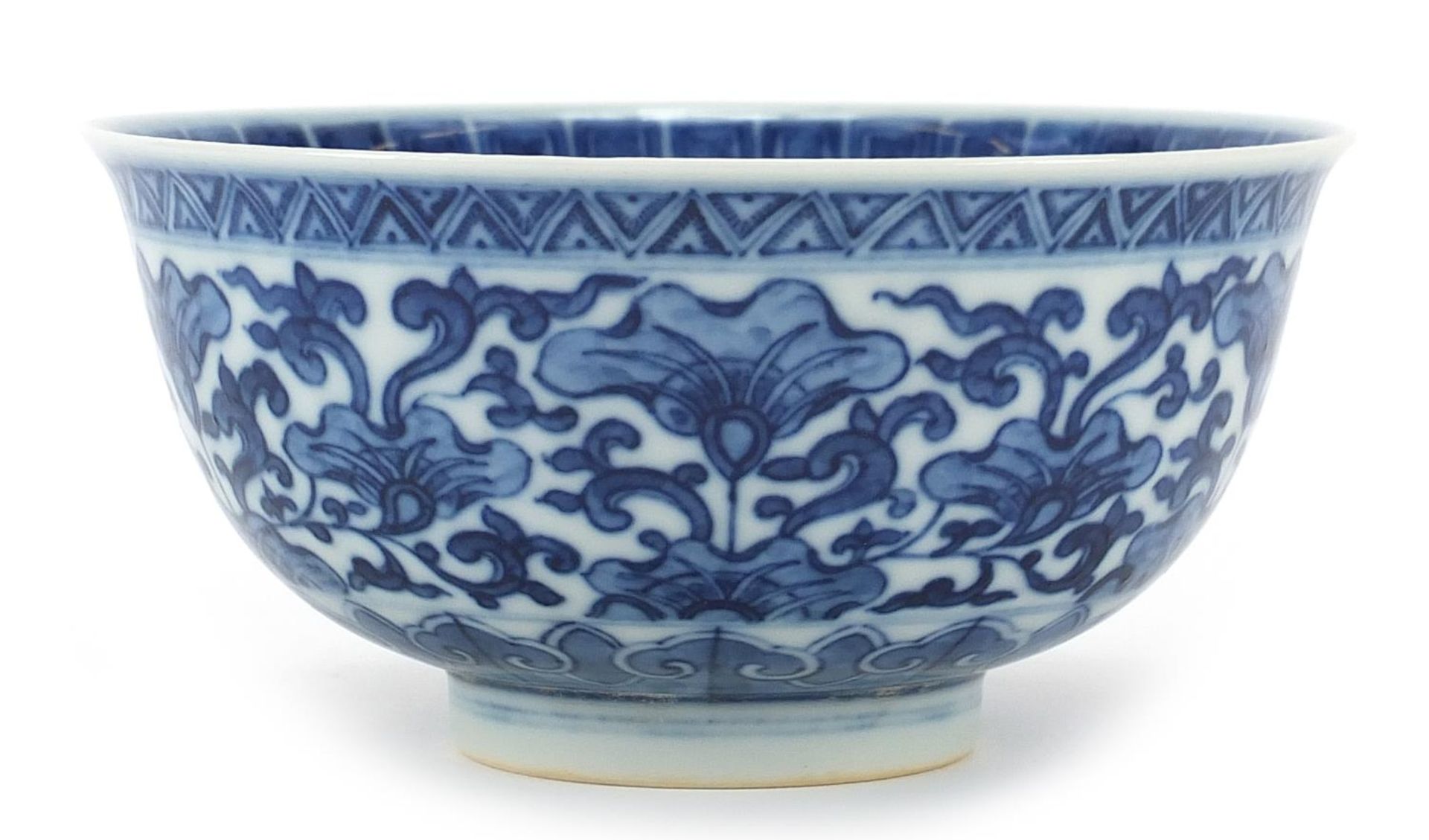 Chinese blue and white porcelain bowl hand painted with flowers, six figure character marks to the