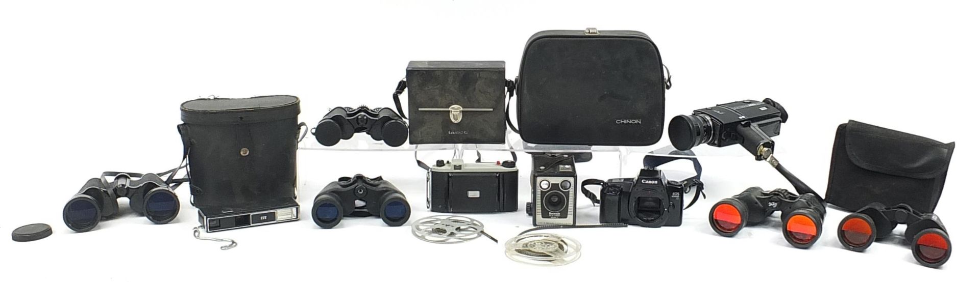 Vintage and later cameras, lenses and binoculars including Breaker 7X50, Halina 20 x 50, Tasco and