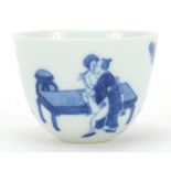 Chinese blue and white porcelain tea bowl hand painted with an erotic scene, six figure character