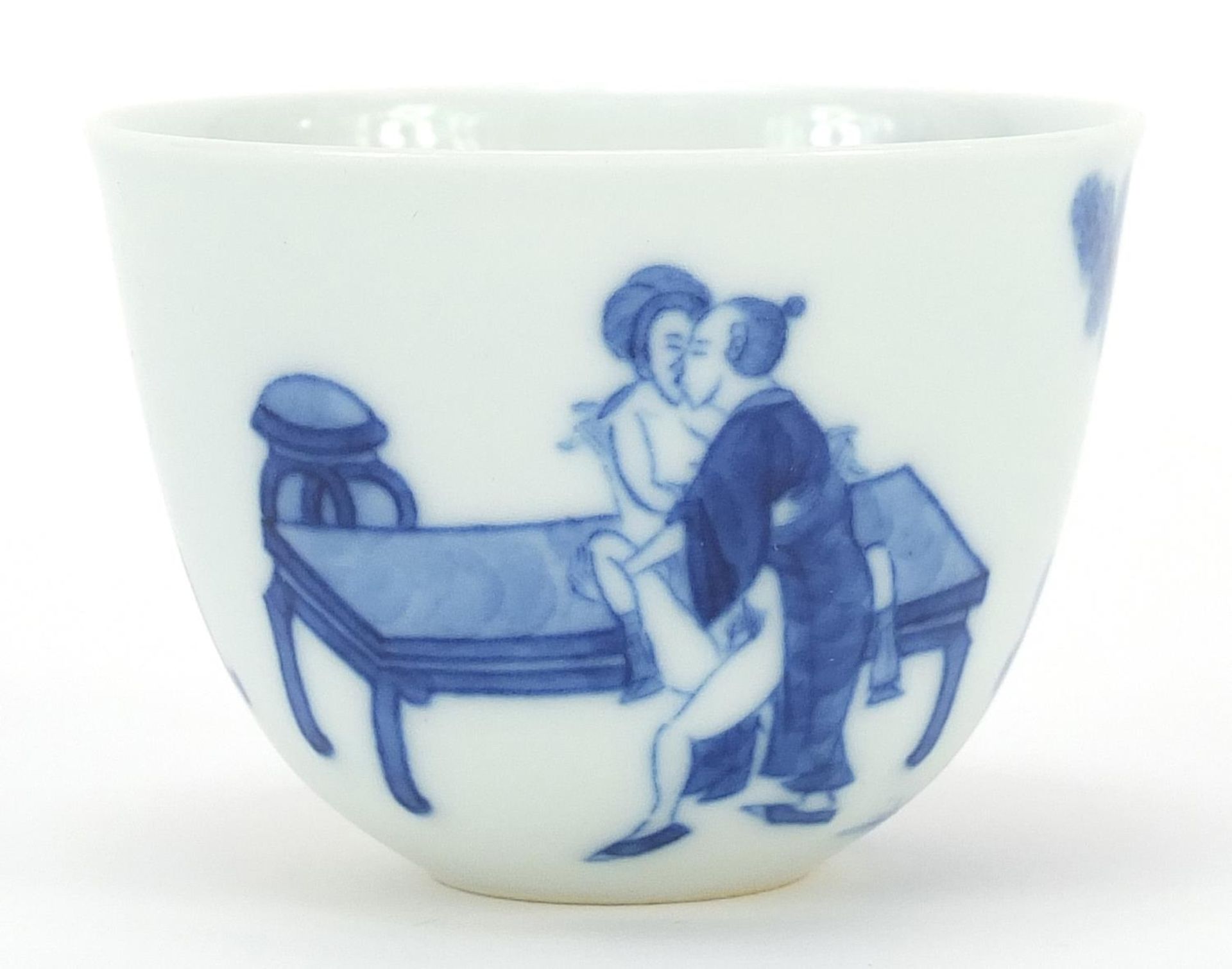 Chinese blue and white porcelain tea bowl hand painted with an erotic scene, six figure character