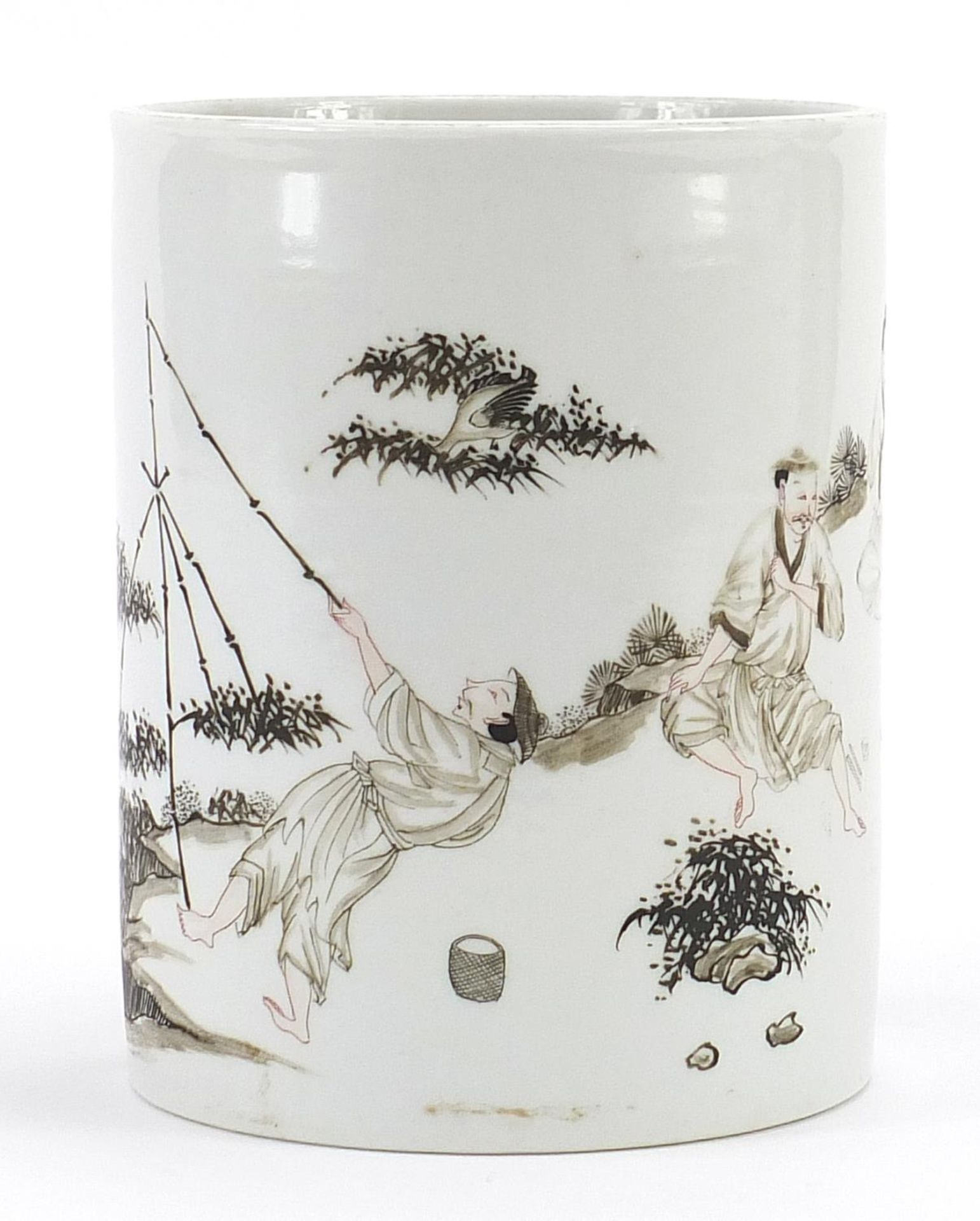 Chinese porcelain en grisaille brush pot hand painted with figures in a landscape, 13.5cm high - Image 2 of 3