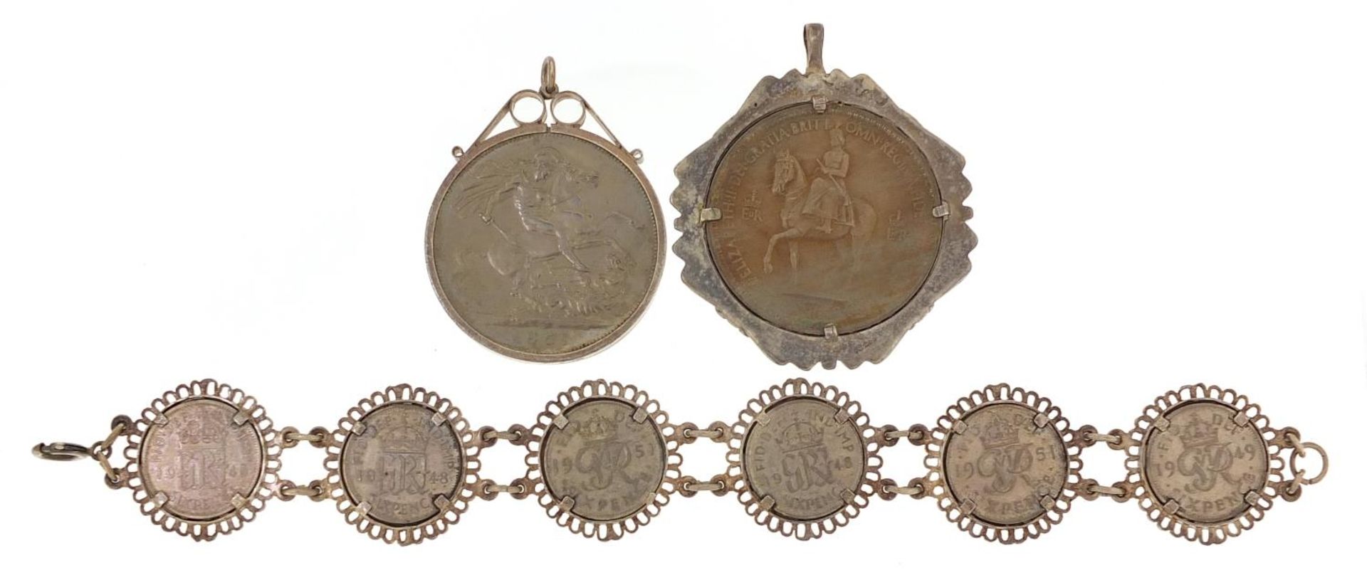 Two five shilling coins with silver pendant mounts and a silver mounted sixpence bracelet, 20cm in - Image 2 of 3