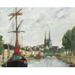 Manner of Albert Marquet - River landscape with boats before a cathedral, French Fauvist school